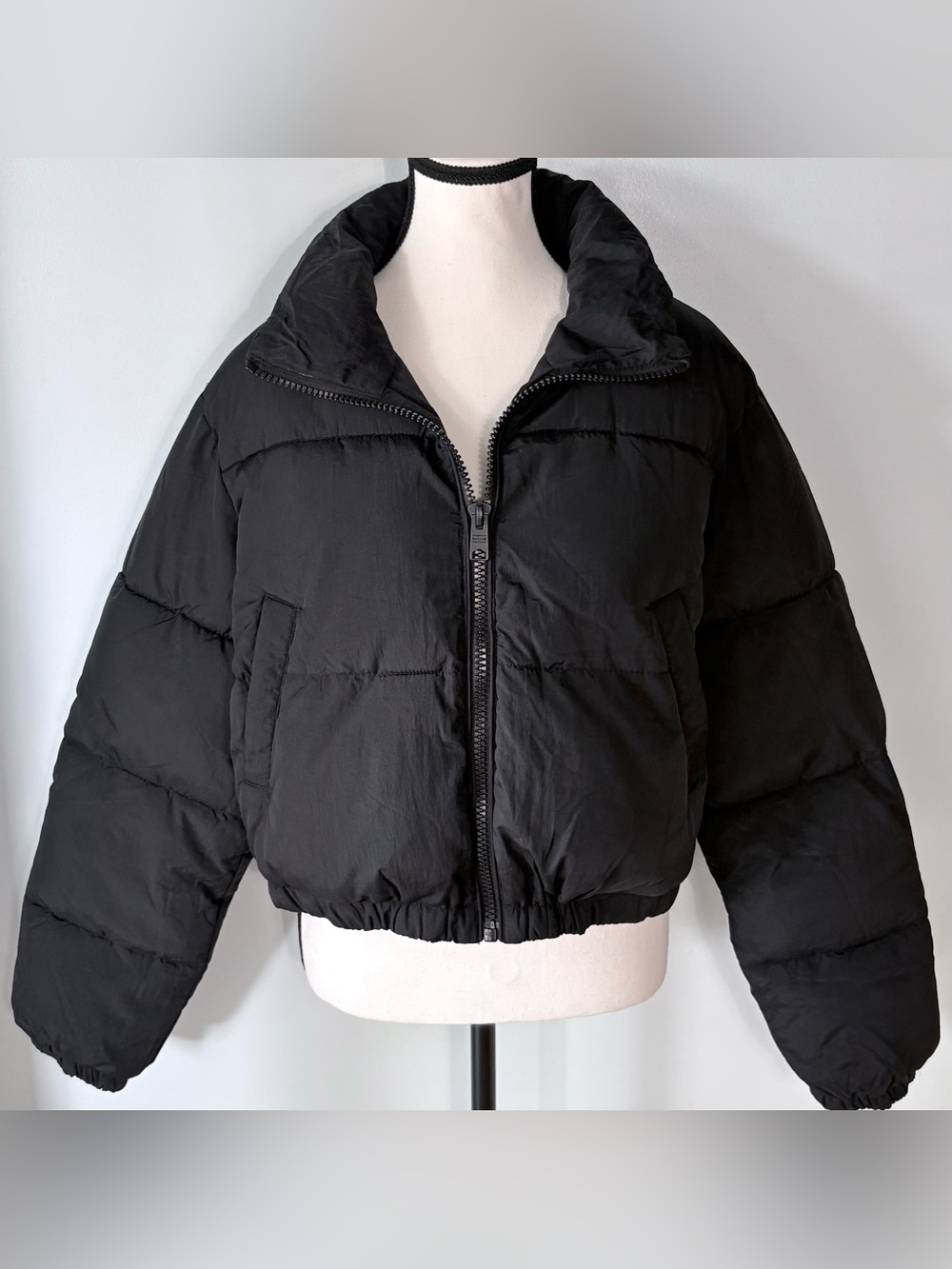 Garage Black Cropped Puffer with High Stand Collar